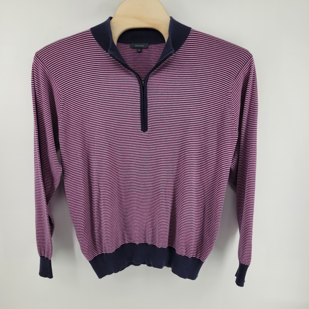 Turtleson Mens‎ Large 1/4 Zip Sweater Striped Pink Navy Blue Cotton Knit